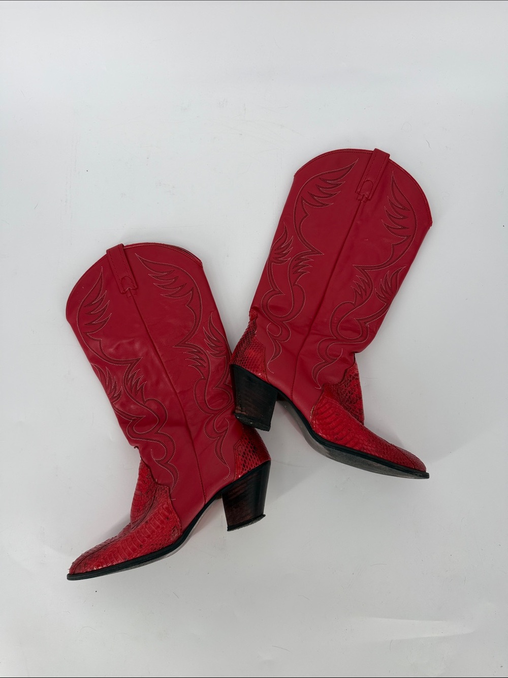 Vintage Acme Red Leather Cowboy Boots Genuine Snakeskin Toe Sz 8 USA